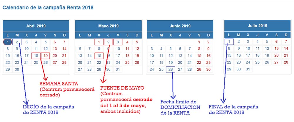 Calendario Renta 2018-2019... y de Centrum por Semana Santa y Pte. de Mayo